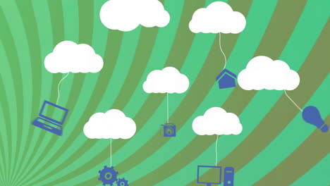 animation of clouds with electronic devices over green stripes