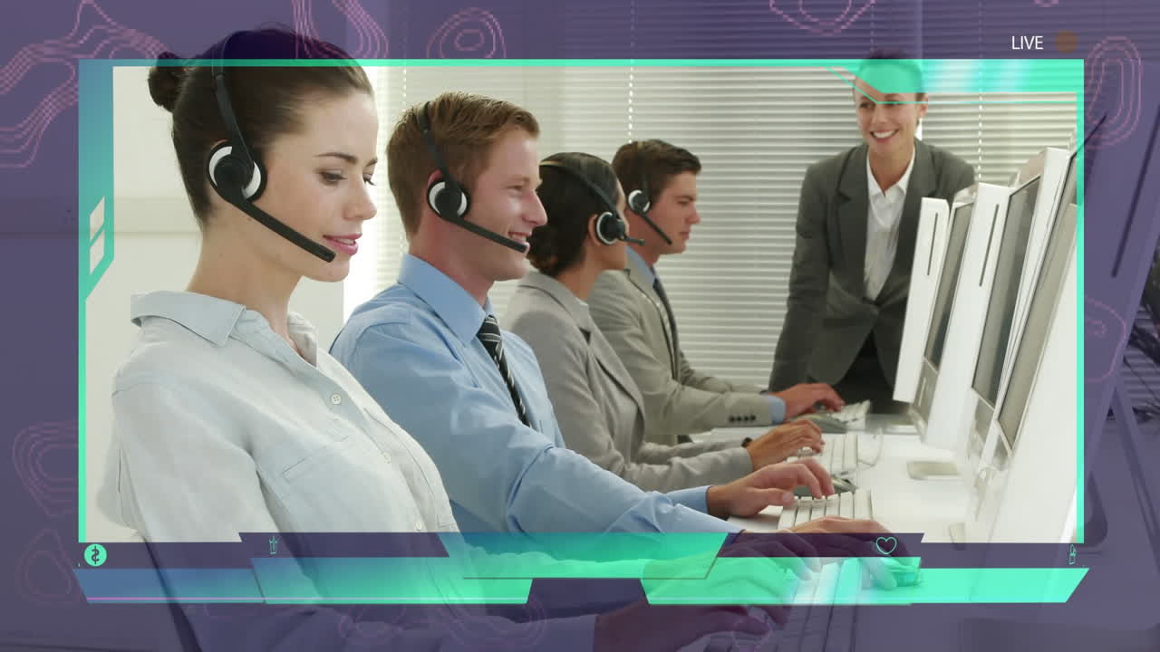 전화 헤드 ⁇  을 사용하는 사람 들 위 에 있는 플레이 스크린 의 애니메이션