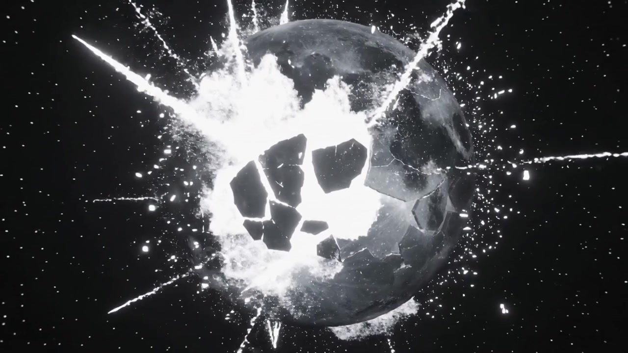 Getti bianchi eruttano iniziando un'esplosione, sfera lunare che espelle crepe, frammenti, rivelando un bagliore nello spazio