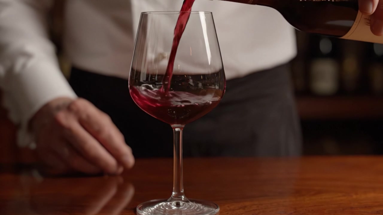 Un abile barman versa elegantemente un ricco vino rosso in un bicchiere di cristallo, mostrando l'arte del servizio del vino con precisione e cura in un ambiente sofisticato.