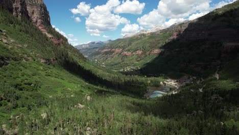 Aerial-View-of-Amazing-Landscape-and-Valley-Above-Telluride,-Colorado-USA-on-Sunny-Summer-Day