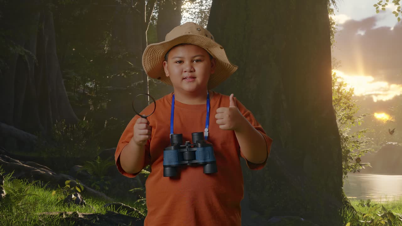 niño asiático con sombrero y binoculares que muestra lupa y pulgares hacia arriba gesto a la cámara. niño investigador examina algo mientras explora la naturaleza del bosque, concepto de aventura de turismo de viaje