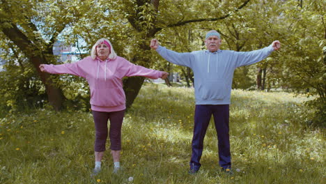 Aptitud-Atlética-Deporte-Senior-Hombre-Mujer-Abuelos-Entrenamiento-Cardio-En-El-Parque-Por-La-Mañana