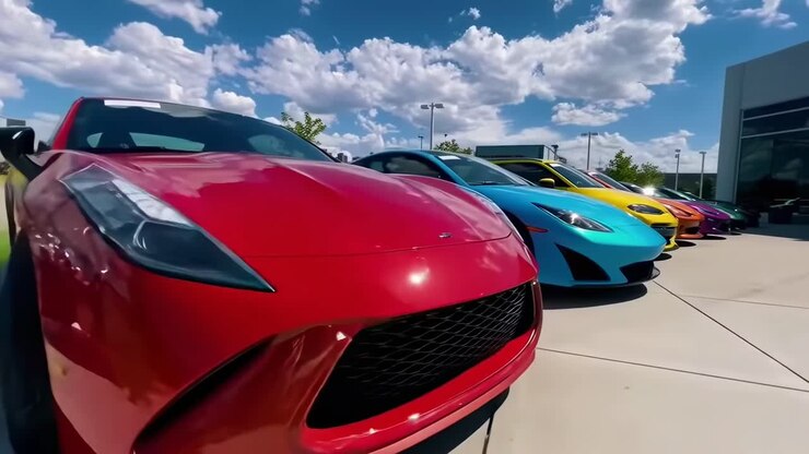 Vídeo en ángulo bajo de coches deportivos de colores vibrantes alineados bajo un cielo azul brillante