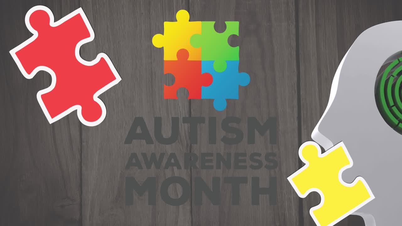 animación de rompecabezas que caen sobre el texto del mes de concienciación sobre el autismo y el cerebro humano con laberinto