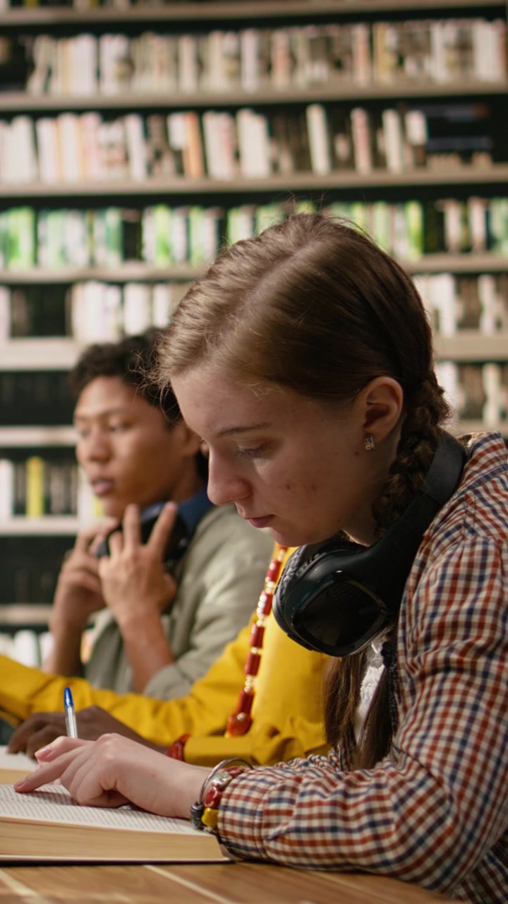 Vertical Video Student Reading Textbook And Browsing Computer At Library Study Desk
