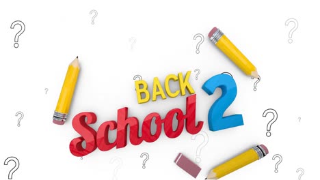 Animation-Von-Back-to-School-Texten,-Bleistiftsymbolen-Und-Fragezeichen-Auf-Weißem-Hintergrund