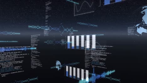 animación de globos girando, registro de estadísticas y procesamiento de datos sobre el universo