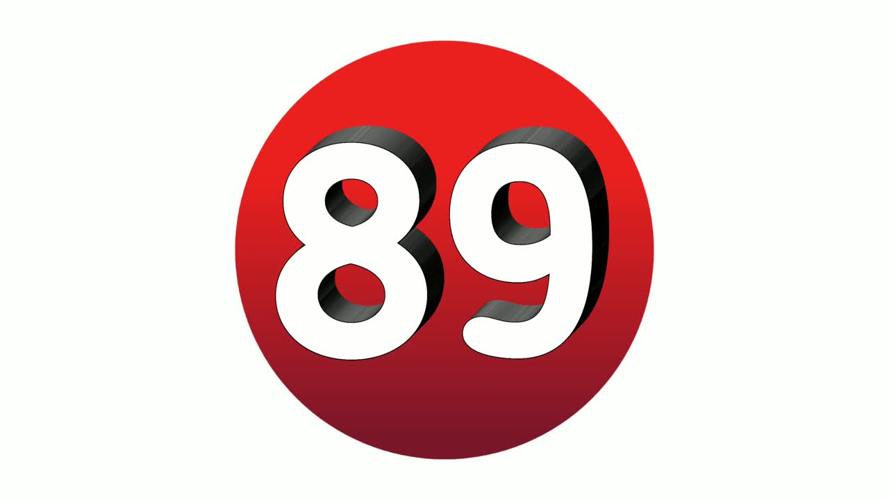 3d número 89 89 símbolo de signo animación icono de gráficos en movimiento en esfera roja en fondo blanco, número de video de dibujos animados para elementos de video