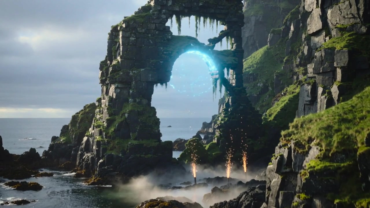 Núcleo de energia azul aparecendo e transformando-se em arco brilhante dentro de um arco de pedra costeiro, faíscas subindo