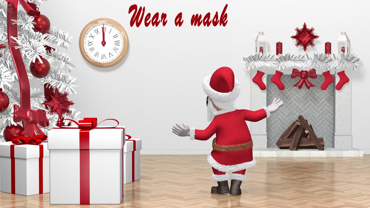 santa claus usa una máscara quirúrgica bailando. feliz navidad y feliz año nuevo 2021 animación. protección contra el coronavirus covid-19. animación navideña.