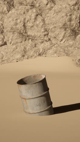 a rusty metal barrel in a desert landscape