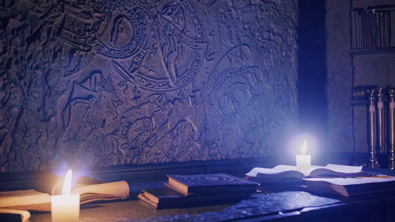Una scena video mistica con vista dal basso di libri antichi e candele su un tavolo di pietra