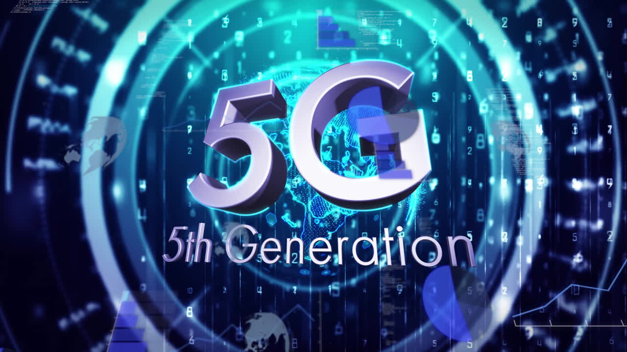 5G 5th Generation text with digital network and data processing animation