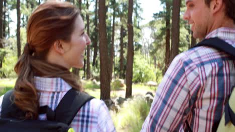 joven pareja de excursionistas felices haciendo senderismo