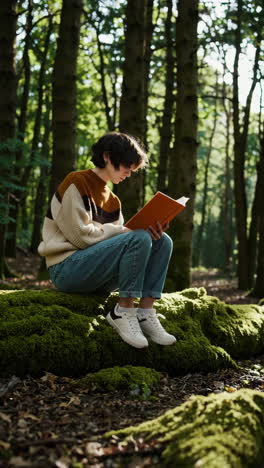 person reading a book on a mossy log in a forest
