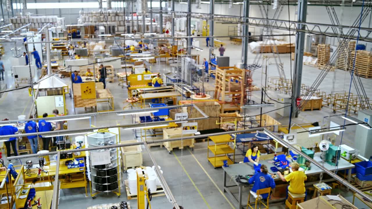 Background of workers in factory. Factory workshop interior and machines