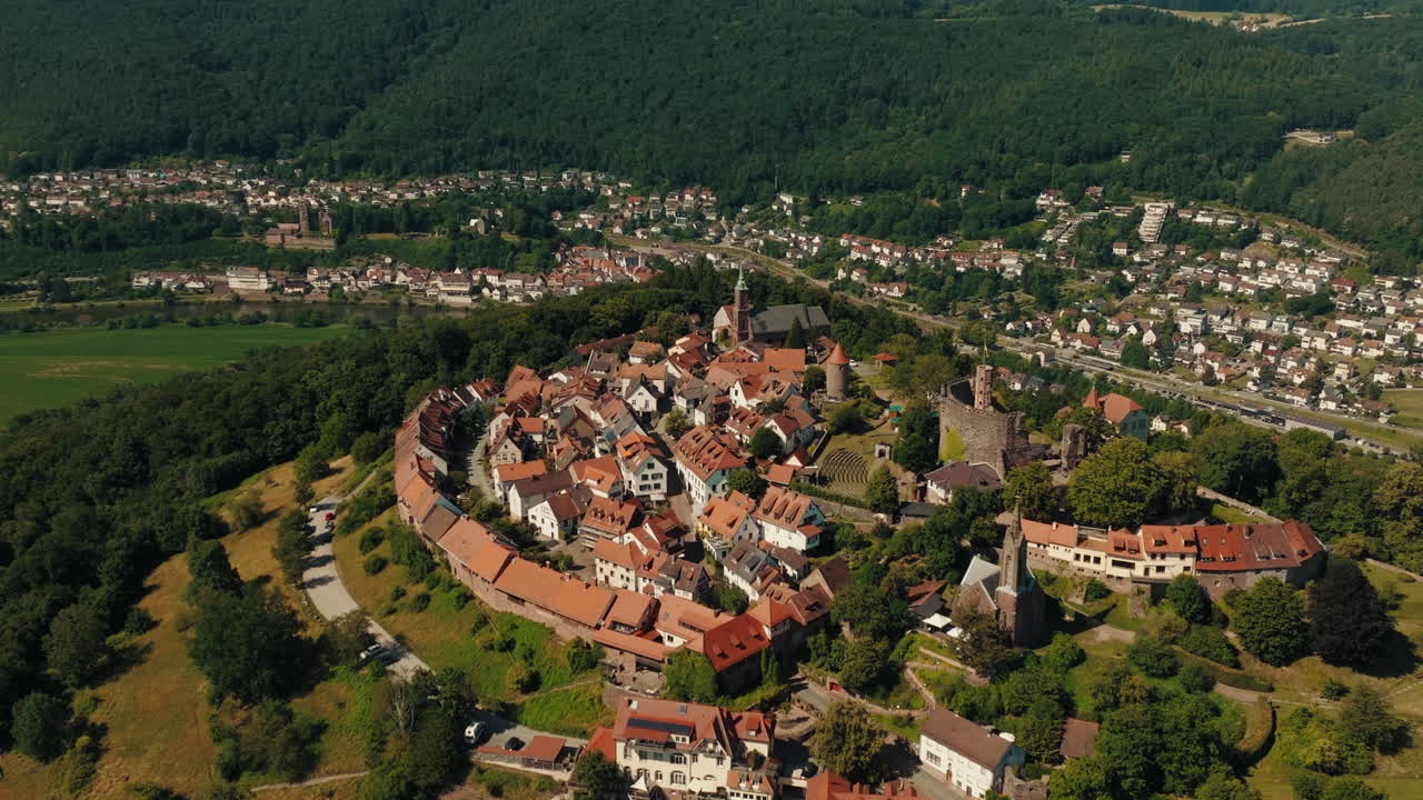 Cinematic helix with parallax shot of a clifftop settlement with castle and valley settlement surrounded by all green environment