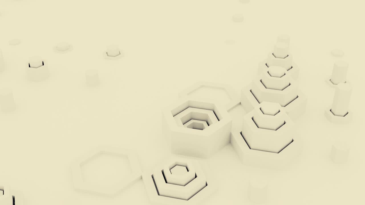 추상적인 육각형 실루은 무 모양의 움직임으로 베이지색 표면에 나타납니다. 디자인. 3d 성장 및 사라지는 모양의 기하학적 표면.