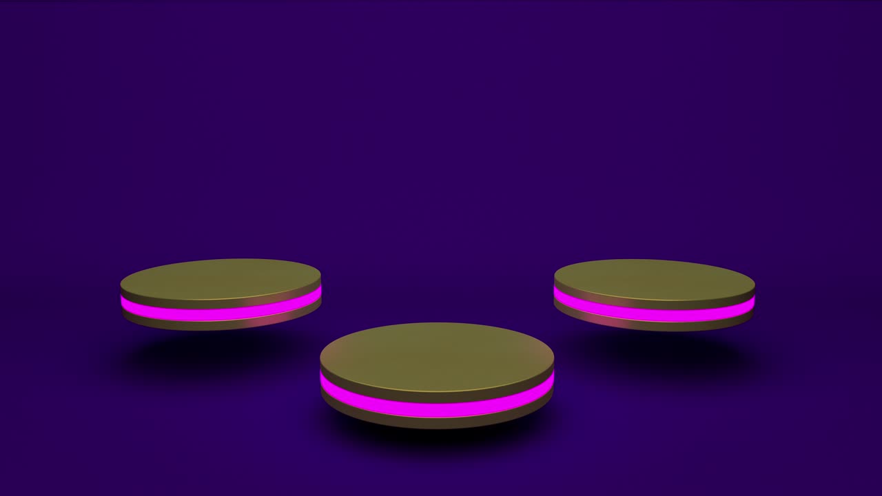 Golden product stand futuristic or podium pedestal on empty display growing flashing light with purple backdrops. 3D rendering. seamless loop.