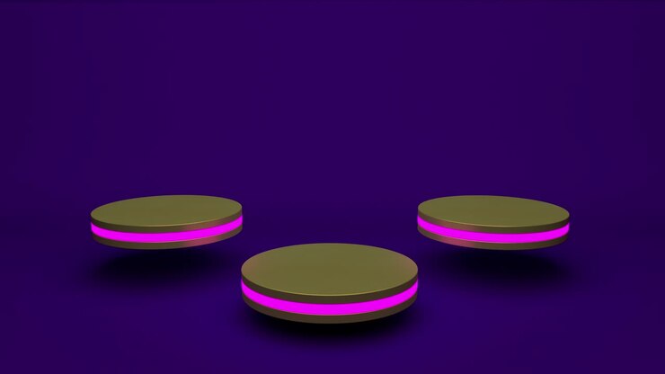 Golden product stand futuristic or podium pedestal on empty display growing flashing light with purple backdrops. 3D rendering. seamless loop.