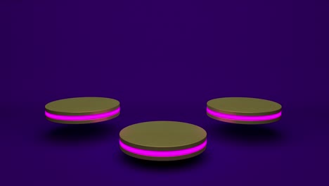 golden product stand futuristic or podium pedestal on empty display growing flashing light with purple backdrops. 3d rendering. seamless loop.