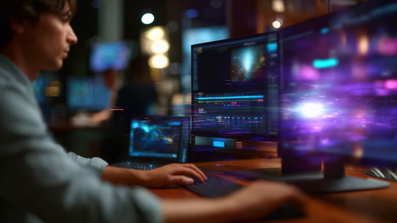 A Focused Individual Engaged in Multimedia Editing, Surrounded by Advanced Technology and Multiple Screens Displaying Dynamic Visuals in a Modern Workspace