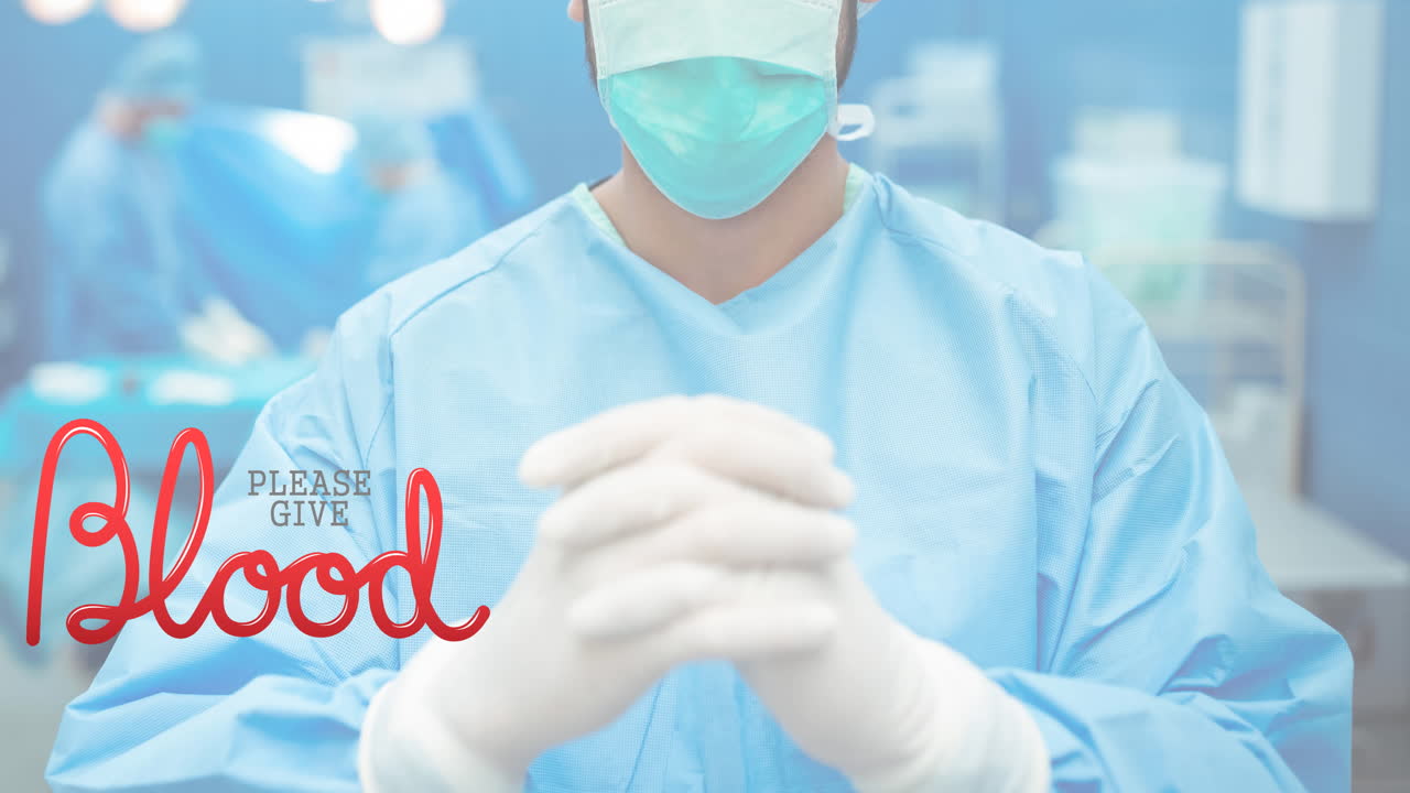 Animazione del testo "Per favore dona il sangue" su un medico che indossa una mascherina