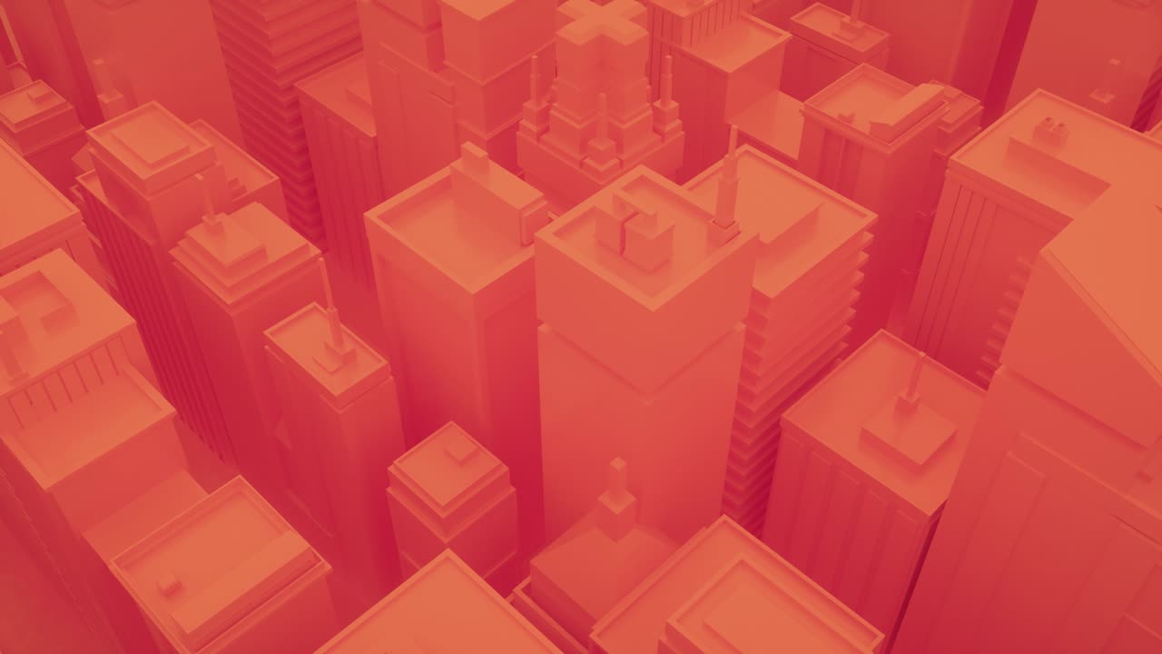 Abstract city with skyscrapers. Camera moves through abstract isometric city. Seamless loop background