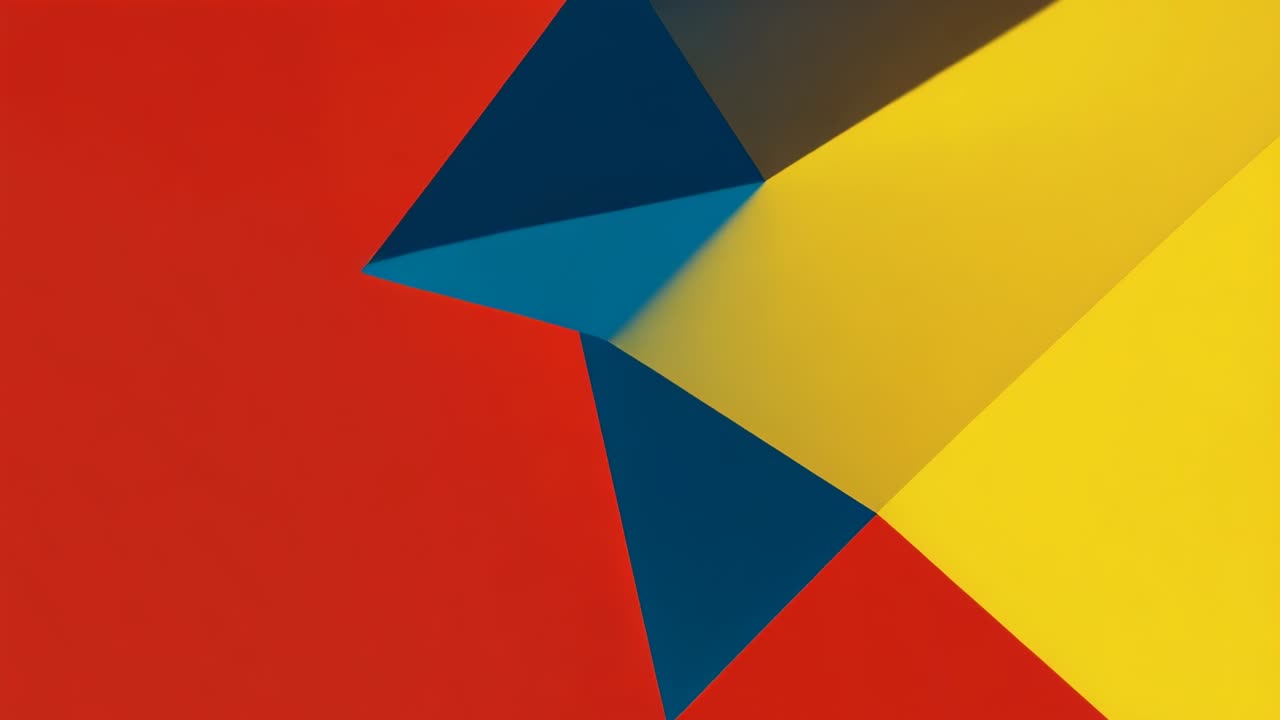 Emerging blue triangle sliding, rotating yellow plane interlocking on right against red, copy space