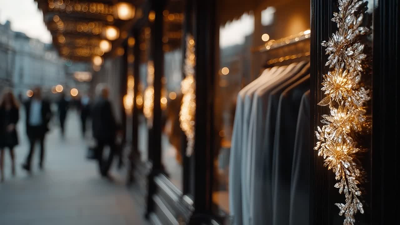 Elegant Holiday Display: A Nighttime View of Festively Decorated Storefronts with Illuminated Snowflake Ornaments and Stylish Attire in a Vibrant City Atmosphere