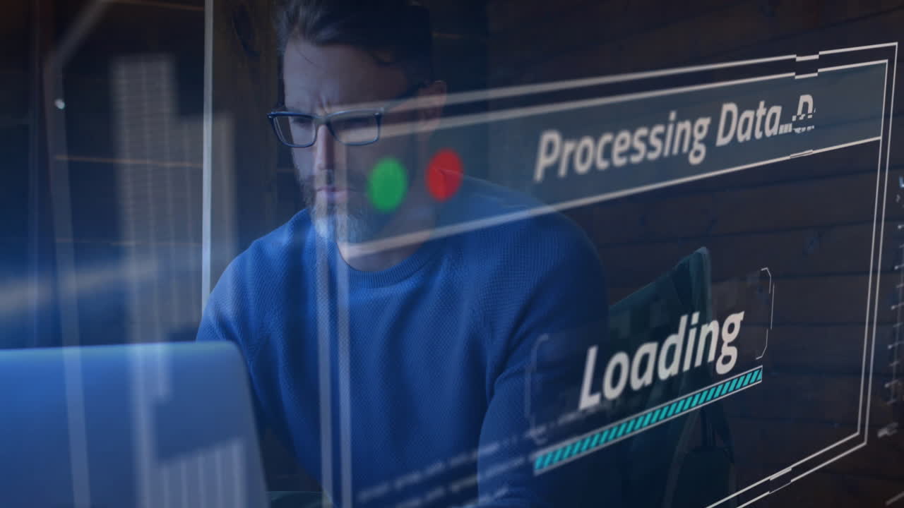 animatie van financiële gegevensverwerking over blanke man met behulp van laptop