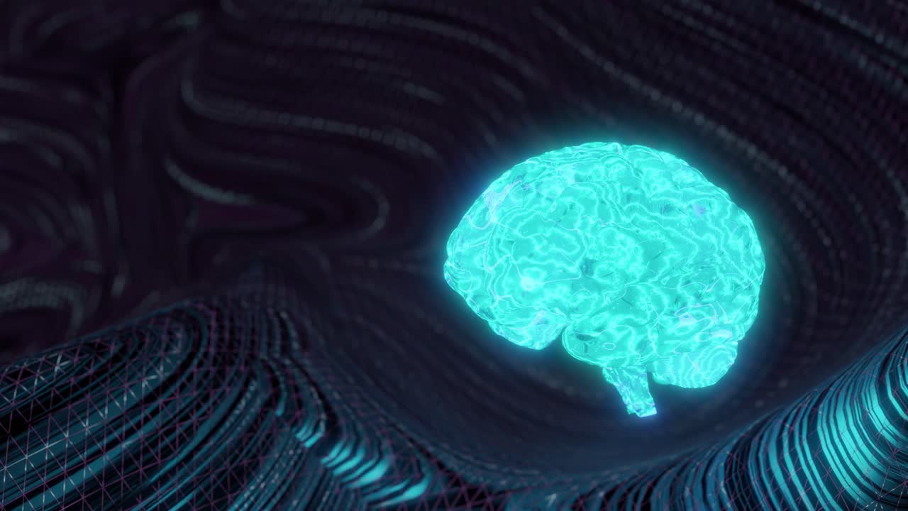 Motion graphics of blue human brain spinning with wavy dark background