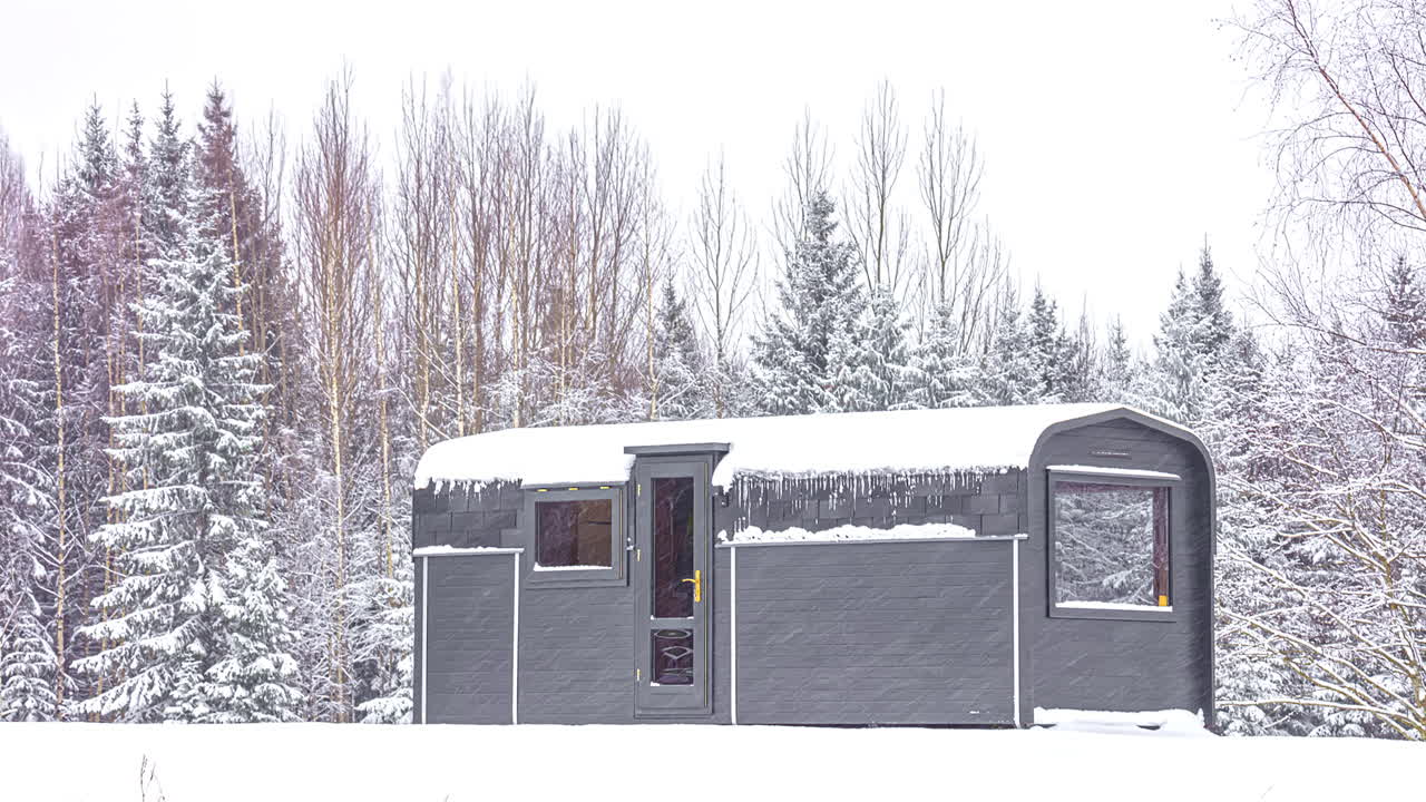 Ripresa in time lapse di un cottage in legno circondato da un paesaggio invernale innevato durante una nevicata - Giornata tempestosa nel Nord Europa
