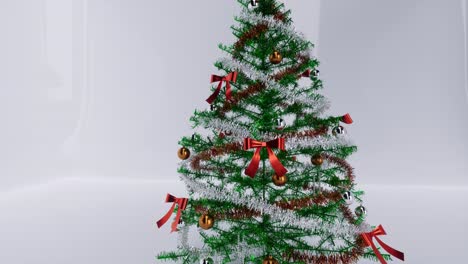 Christmas-tree-with-gold-and-silver-balls,-ornaments,-and-a-glowing-star,-on-white-glossy-background