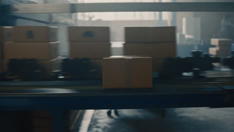 cardboard boxes moving on a conveyor belt in a factory