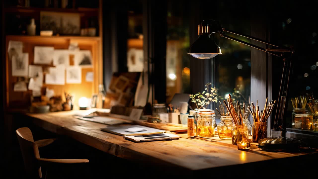 A Warm and Inviting Evening Workspace with Ambient Lighting and Art Supplies: A Cozy Atmosphere for Creativity and Inspiration in a Beautifully Designed Studio Setting
