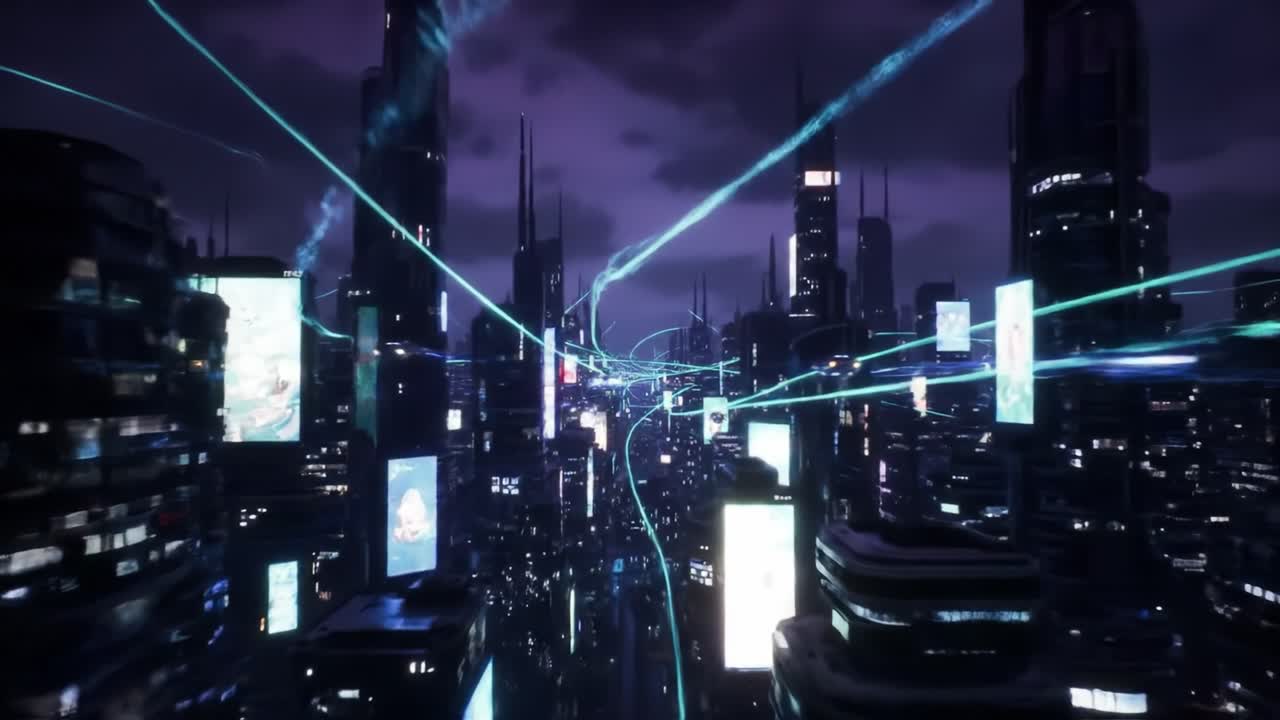 A futuristic urban landscape illuminated by neon lights and dynamic energy flows, showcasing a bustling city skyline filled with towering skyscrapers and digital advertisements.