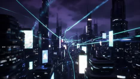 a futuristic urban landscape illuminated by neon lights and dynamic energy flows, showcasing a bustling city skyline filled with towering skyscrapers and digital advertisements.