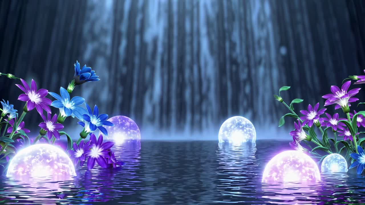 A mesmerizing video scene with a low-angle view of glowing orbs and vibrant flowers floating
