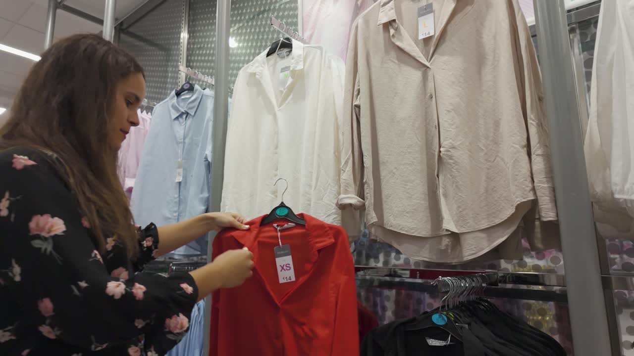 Woman browsing shirts in a clothing store, inspecting Clothes under soft lighting