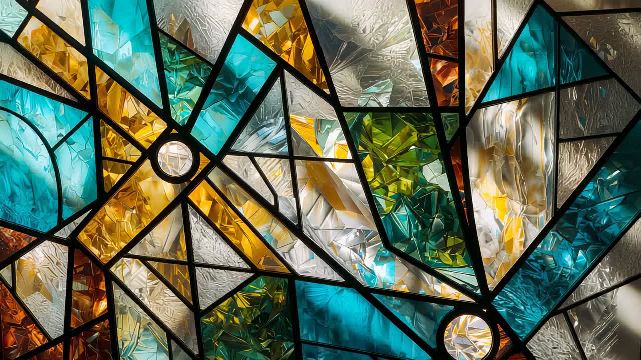 Panning camera revealing vivid stained glass panel in chapel with medallions as daylight glinting