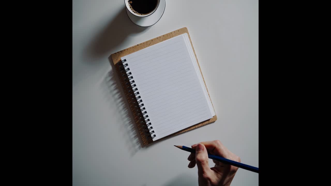 Top-down video shot of a hand holding a pencil over a spiral notebook next to a coffee cup