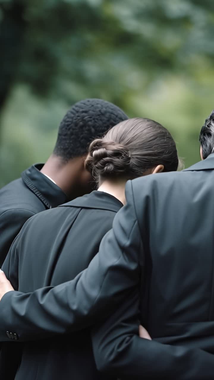 Tre persone in abiti neri stanno vicine. Offrono un conforto silenzioso attraverso dolci abbracci. Gli alberi formano uno sfondo morbido e sfocato. Le emozioni sono sommesse e rispettose.