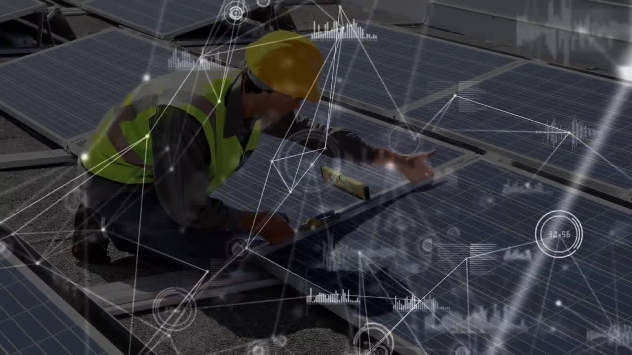 Animation of network of connections over solar panels and male engineer in background