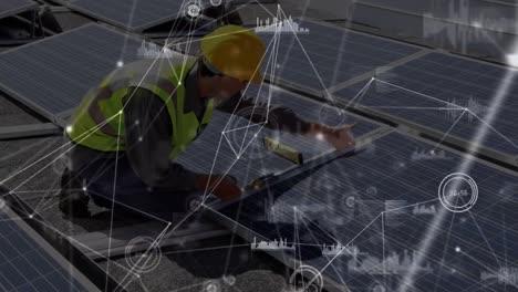 animation of network of connections over solar panels and male engineer in background
