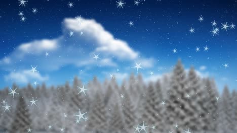 animation of snow falling over winter fir trees landscape background