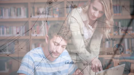 conexiones de red y animación de procesamiento de datos sobre estudiantes que estudian en la biblioteca