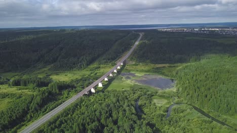 aerial view of highway bridge over river and forest