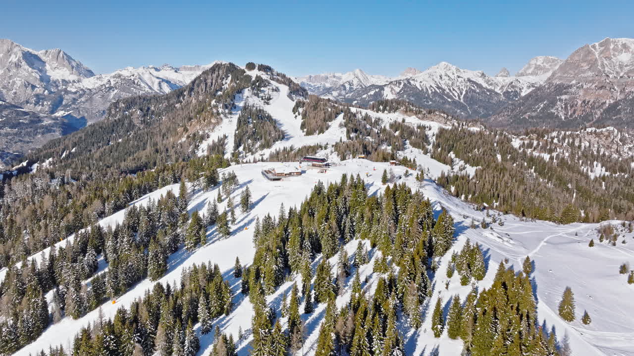 Aerial drone view of Col dei Baldi, Alleghe, in the Dolomites, Italy in daylight